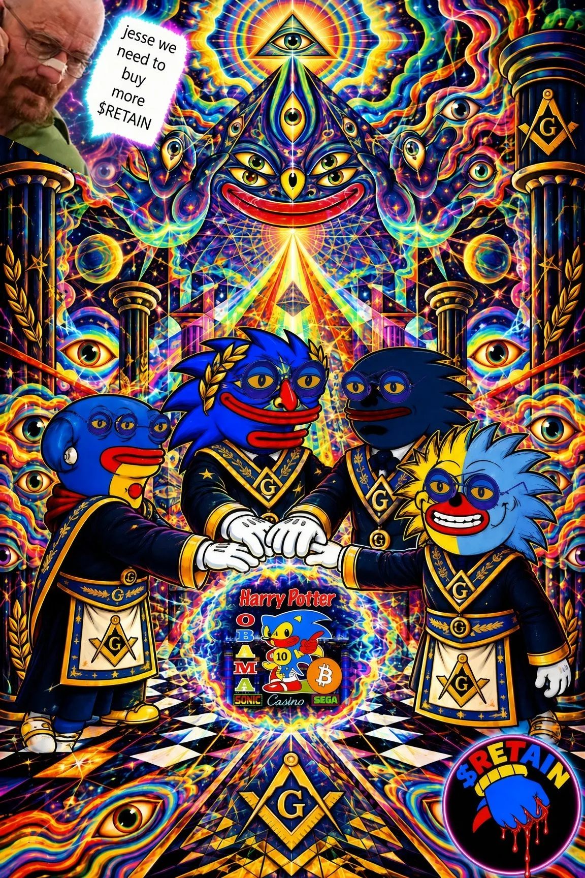 Psychedelic, Masonic Sproto Gremlins forming a circle beneath the all-seeing eye