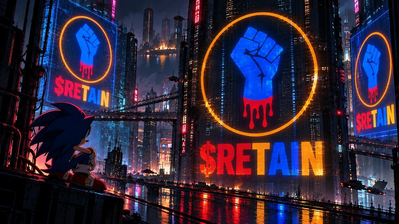 Cyberpunk city filled with glowing RETAIN fist billboards and a Sonic-like figure