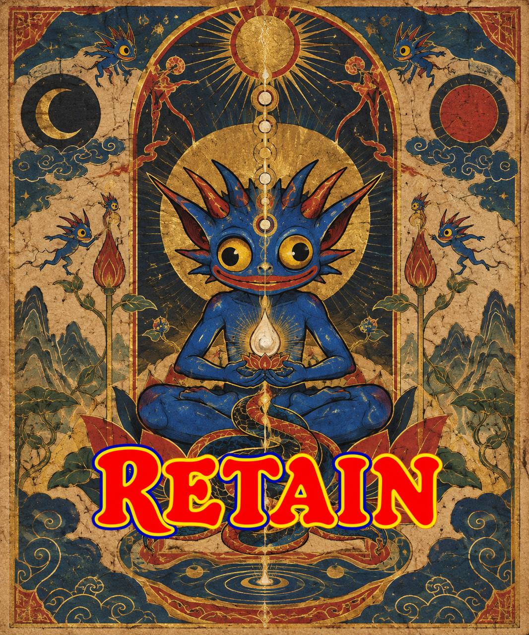 Illuminated parchment art of a blue gremlin meditating on a sacred seed