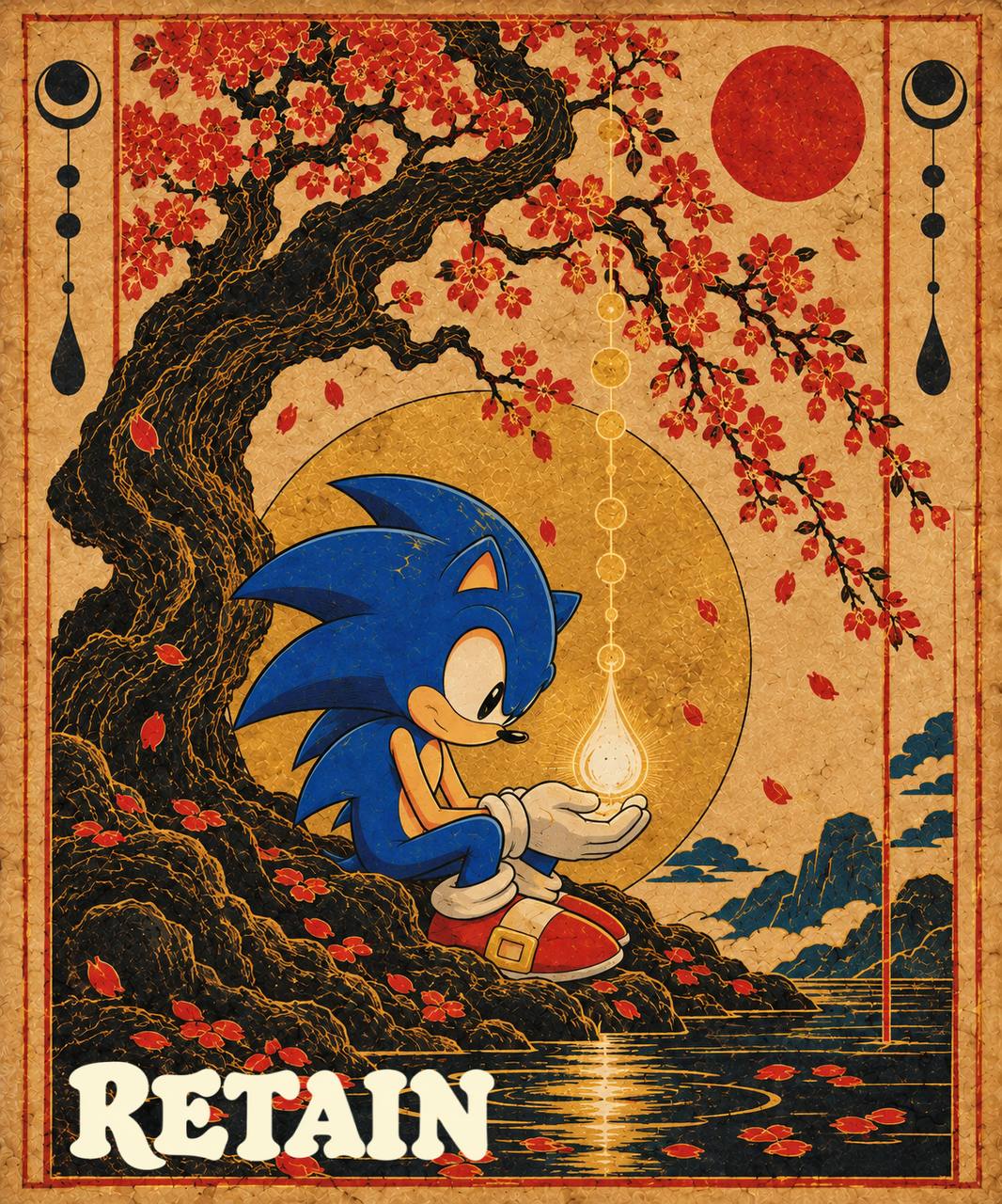 Illuminated Japanese-style Sonic poster with a glowing seed under red blossoms