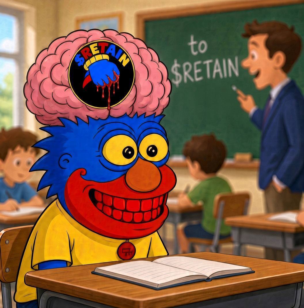 Blue Sproto gremlin with an exposed brain in a classroom learning to retain