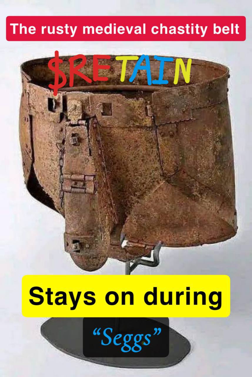Satirical medieval chastity belt meme labeled $RETAIN