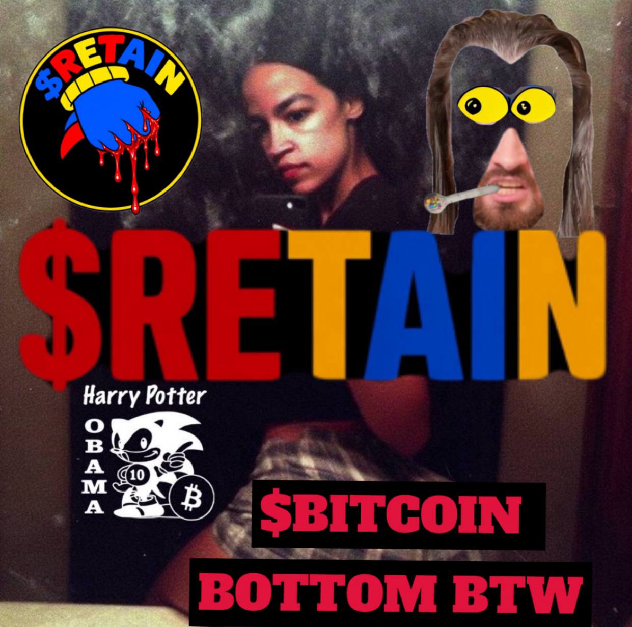 $RETAIN meme collage with political satire and Sproto elements