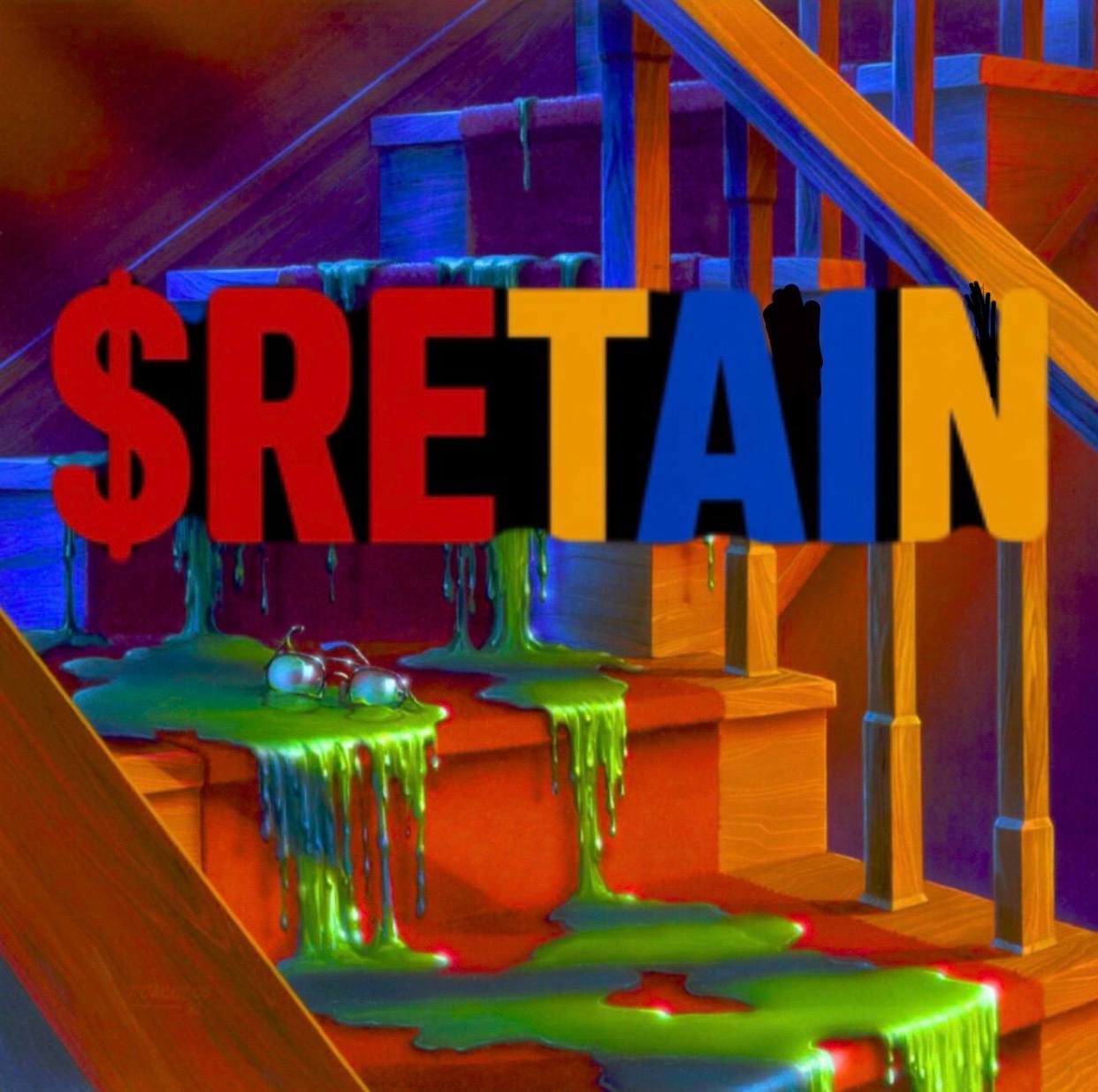 Multicolored slime flowing down a staircase beside a bold $RETAIN wordmark