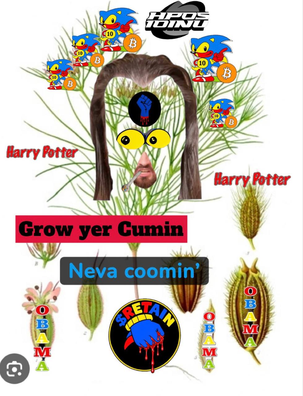 Botanical parody poster with RETAIN sigils, Sonic-like tokens, and a seed-keeping slogan