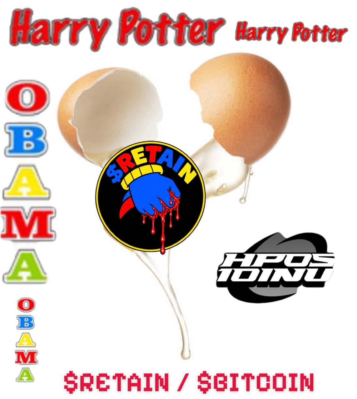 An egg cracked open in a parody Harry Potter Obama Sonic and RETAIN collage