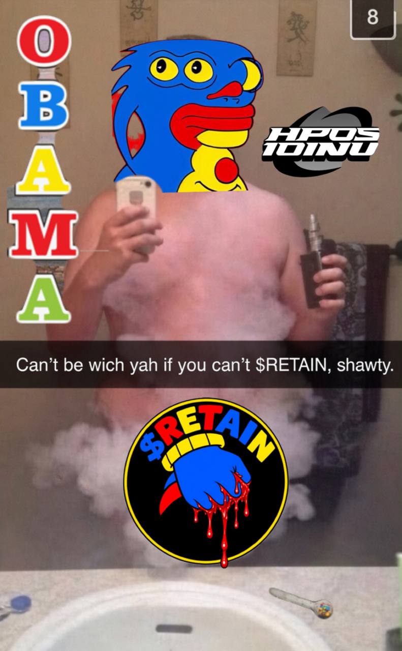 Mirror selfie meme with Sproto head, HPOS10I insignia, and $RETAIN logo