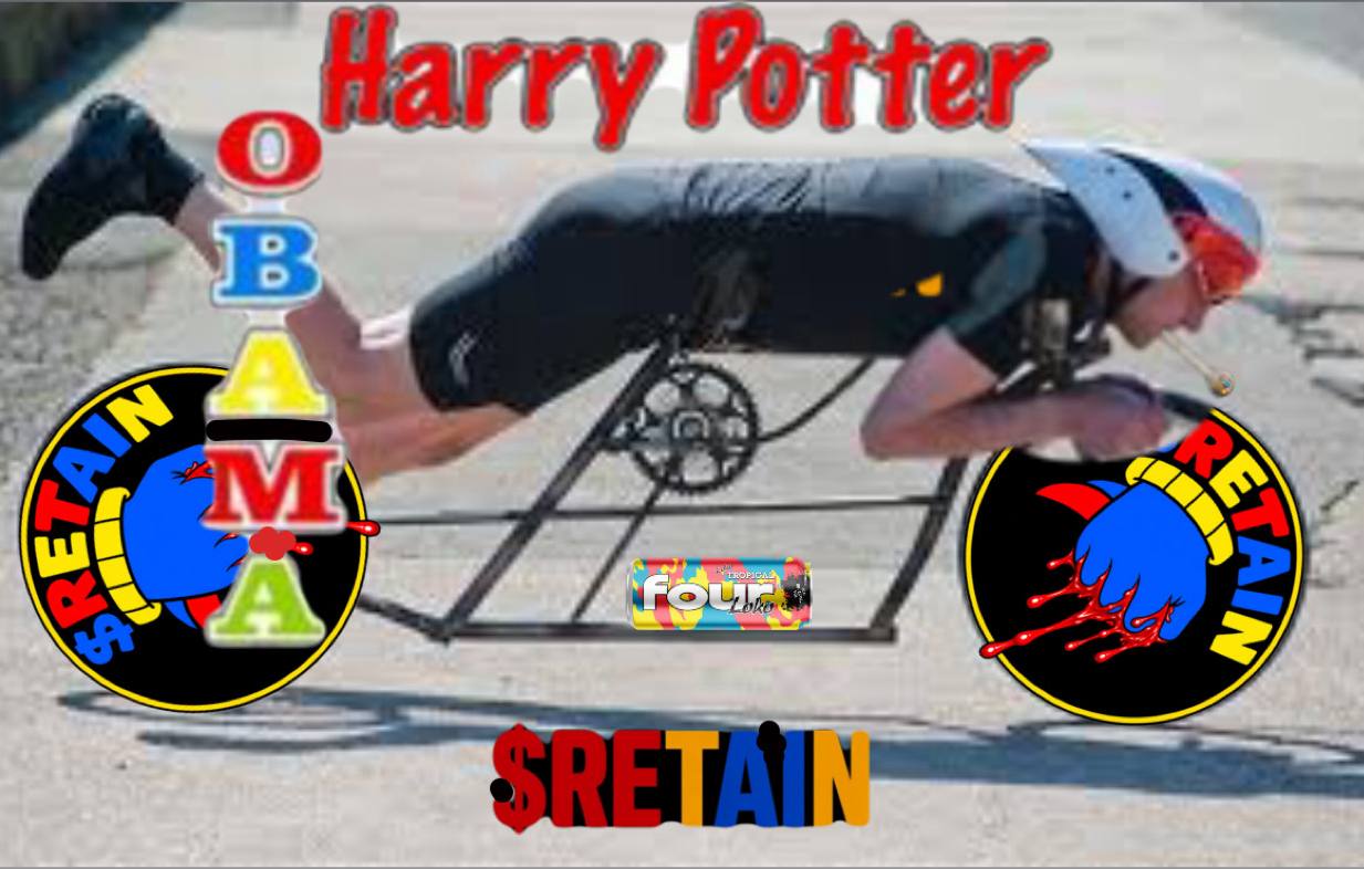 Cyclist meme with $RETAIN and OBAMA Harry Potter logos