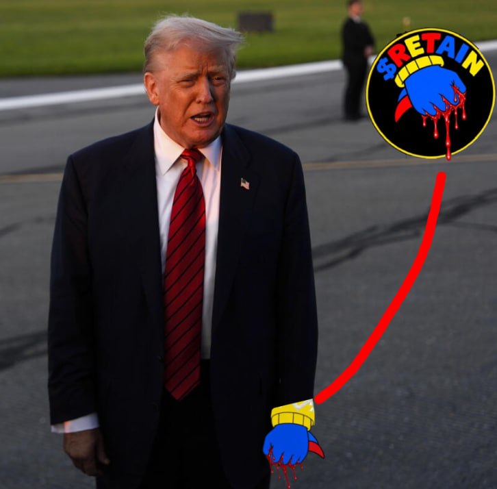 Photograph meme with blue RETAIN fist and a red arrow