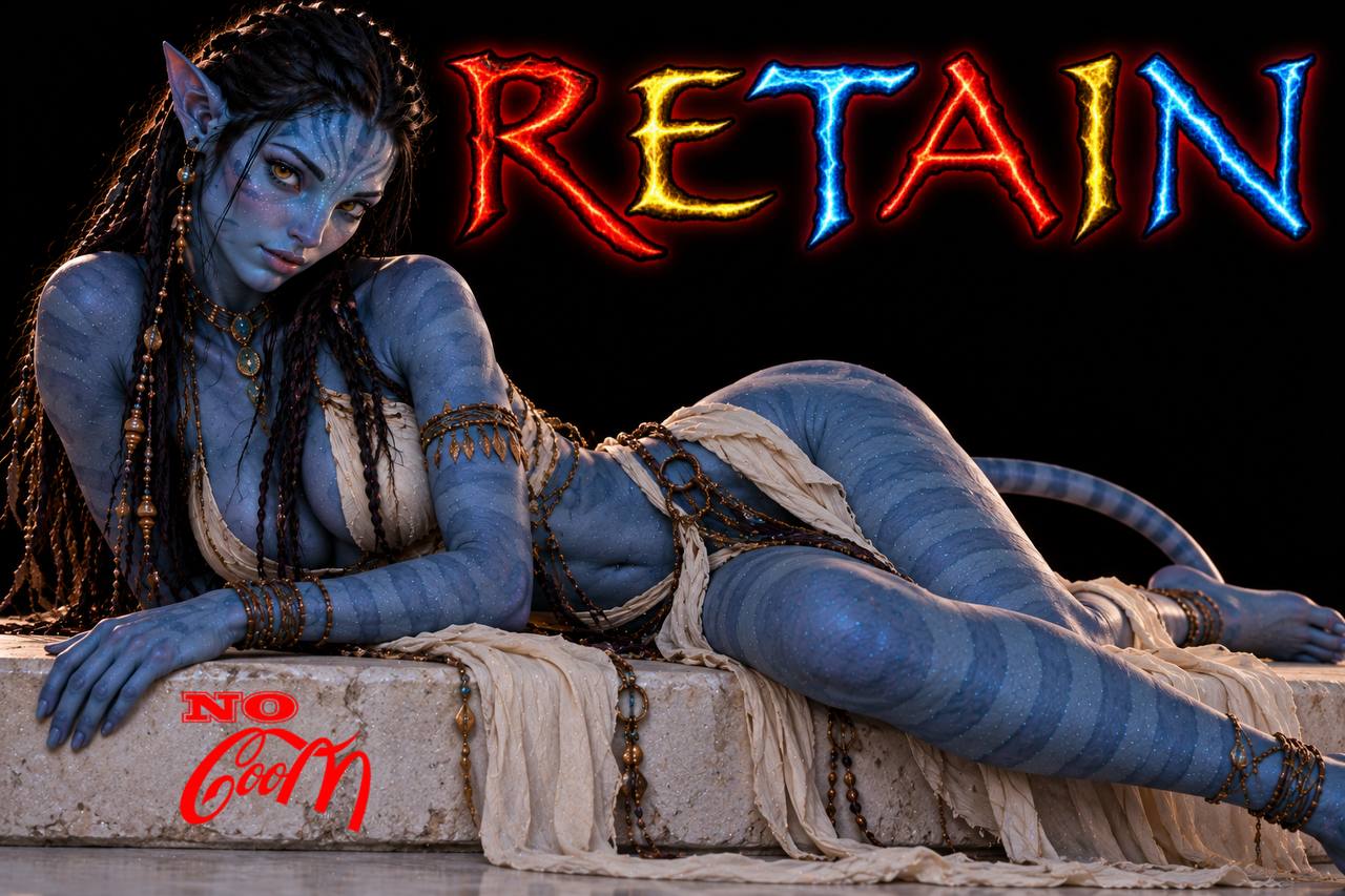 Blue fantasy elf against a black background with blazing multicolor RETAIN lettering