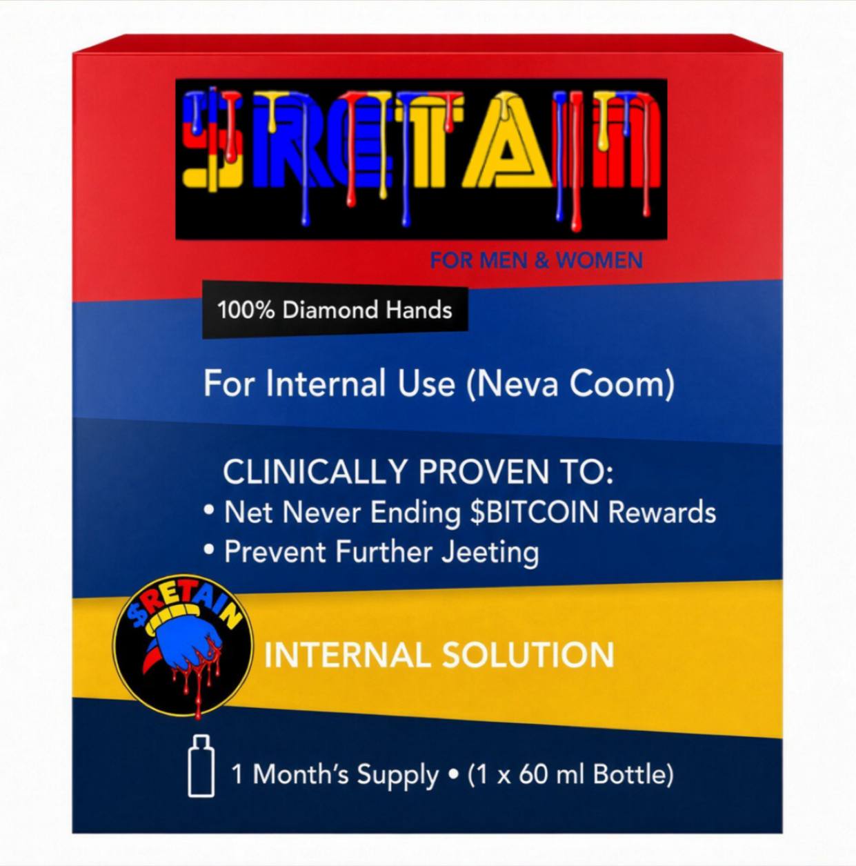 Satirical medicine product package featuring RETAIN and diamond hands