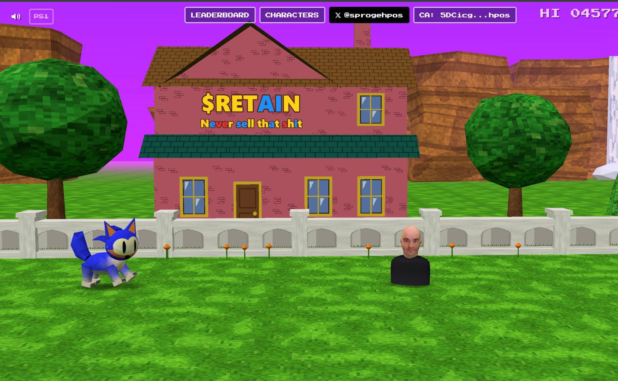 Screenshot of a colorful retro 3D game scene with a house bearing the $RETAIN name