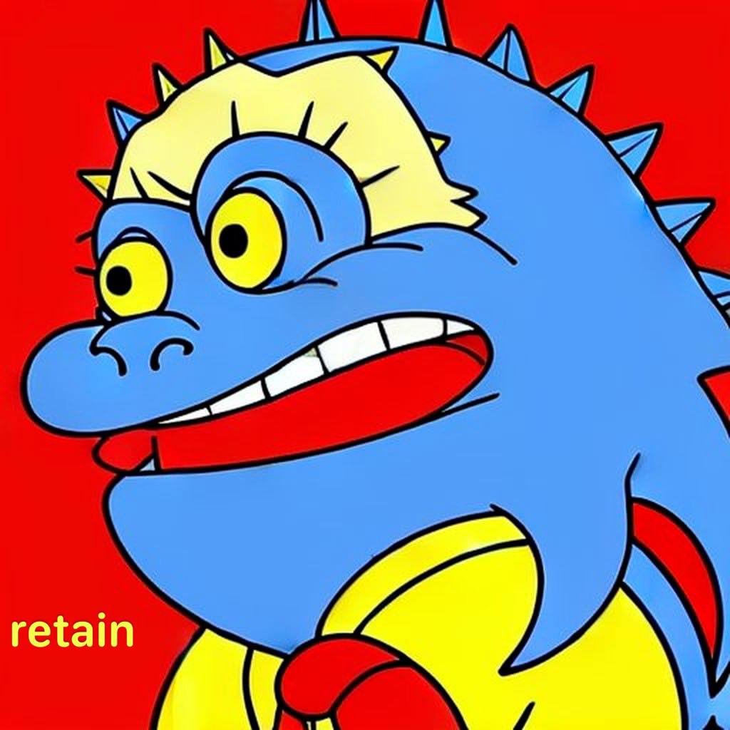 A cartoon blue creature against a red background with a yellow retain caption