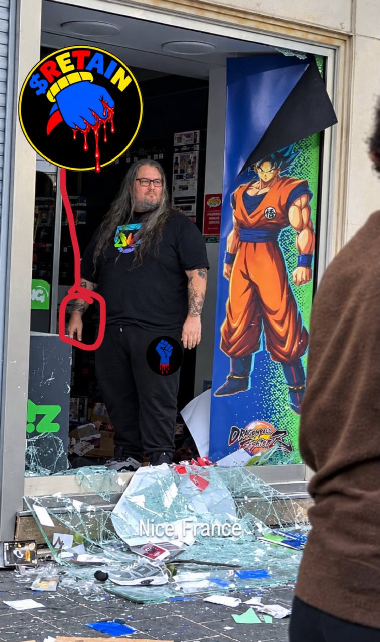 Photo-edit meme showing a shop window and RETAIN graphics