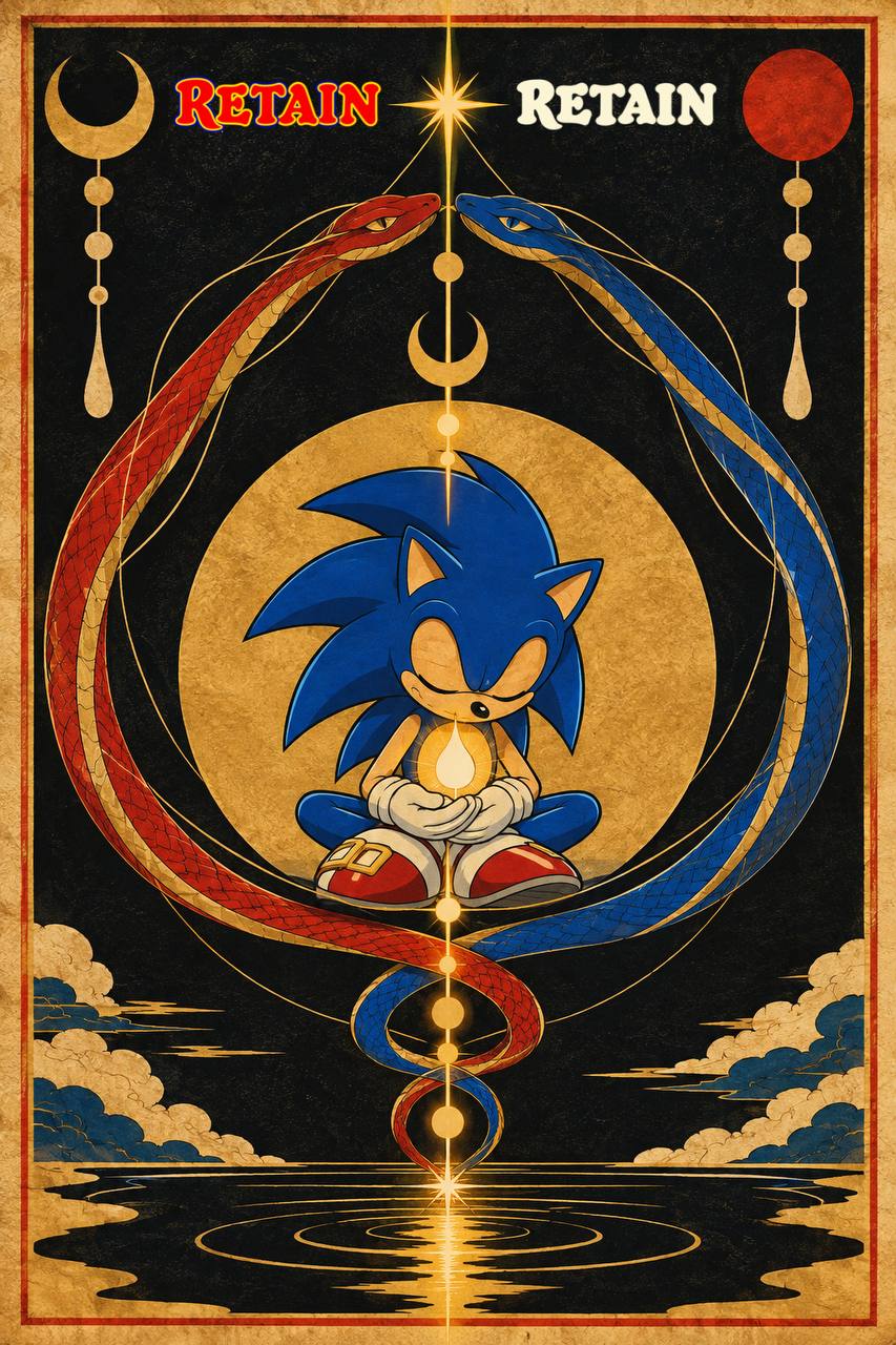 Gold and black sacred-geometry poster of Sonic holding a seed between serpents