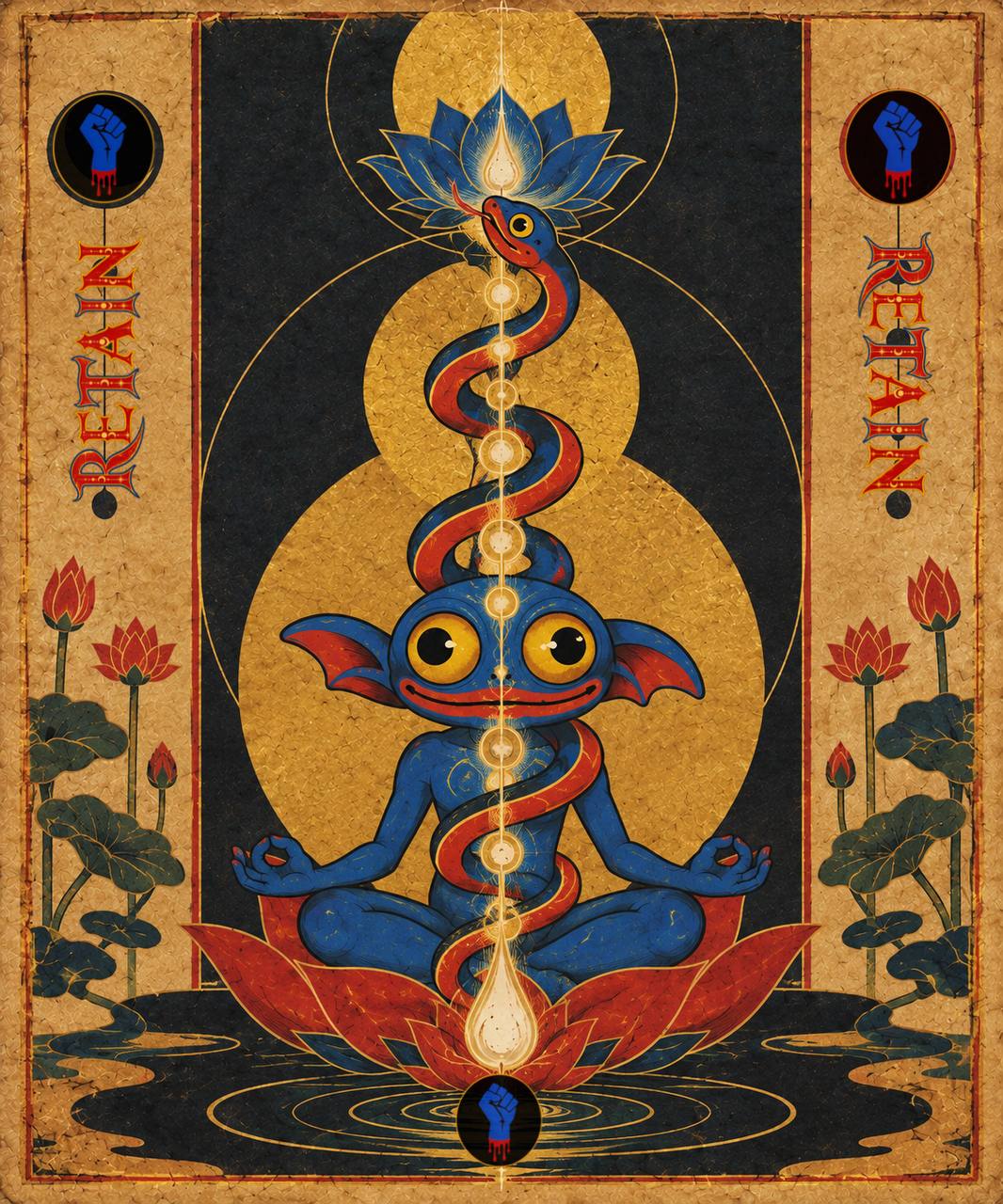 Parchment artwork of a blue gremlin with coiled serpent meditating on a lotus
