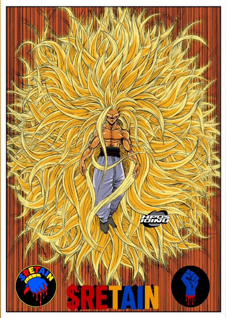 Anime-inspired golden hair figure with a RETAIN sigil and lettering