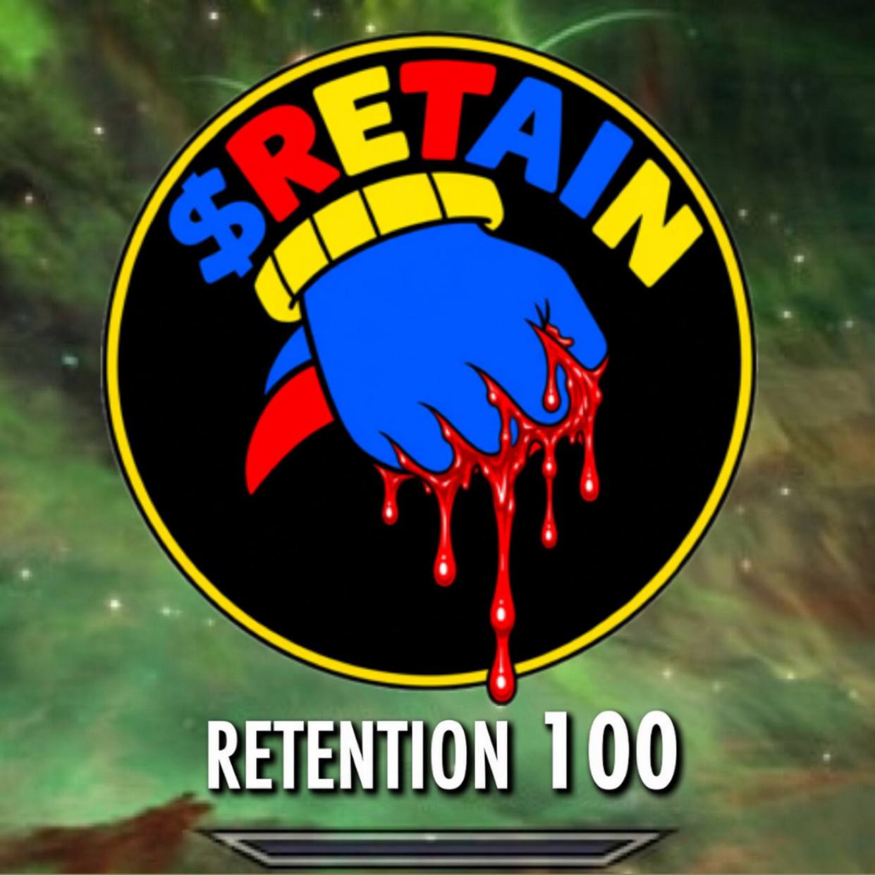 RETAIN circular badge on a video-game-style HUD with the caption Retention 100