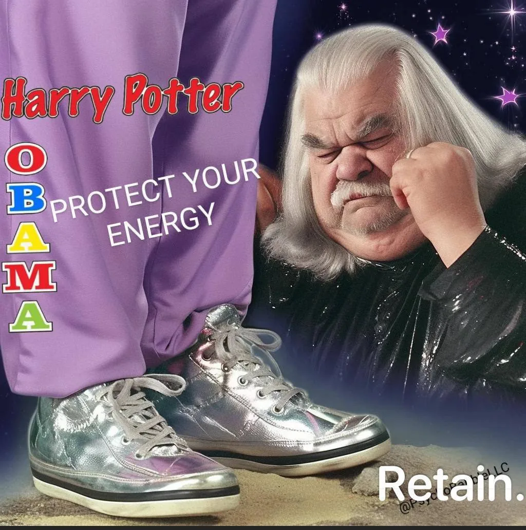 Witchy wizard energy meme with metallic shoes and Harry Potter Obama logo