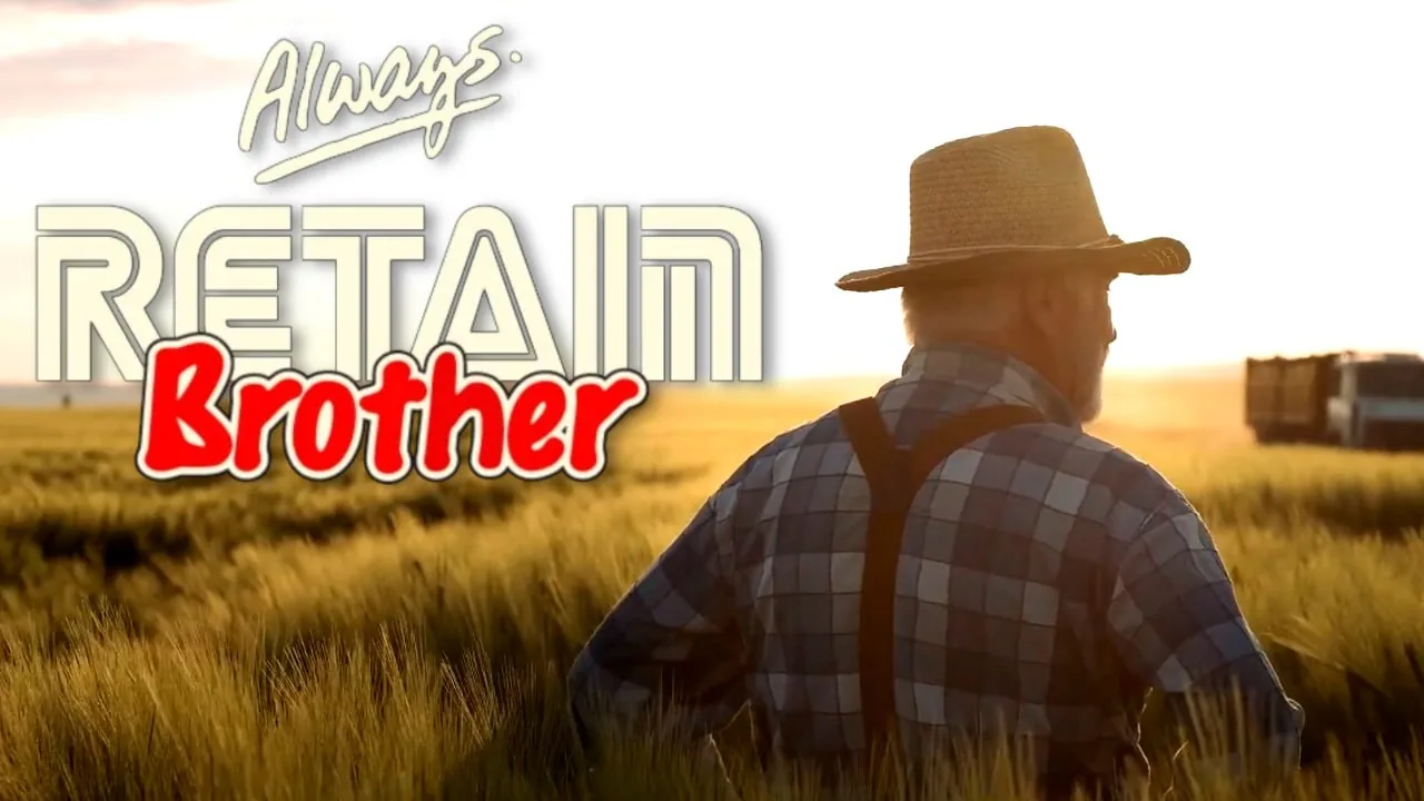Sunset over farmland with Always Retain Brother writing