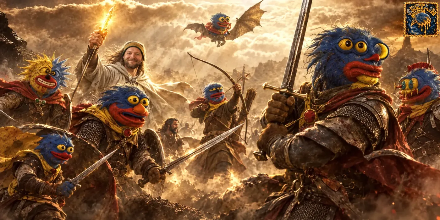Blue-faced Sproto knights charging through a golden fantasy battlefield