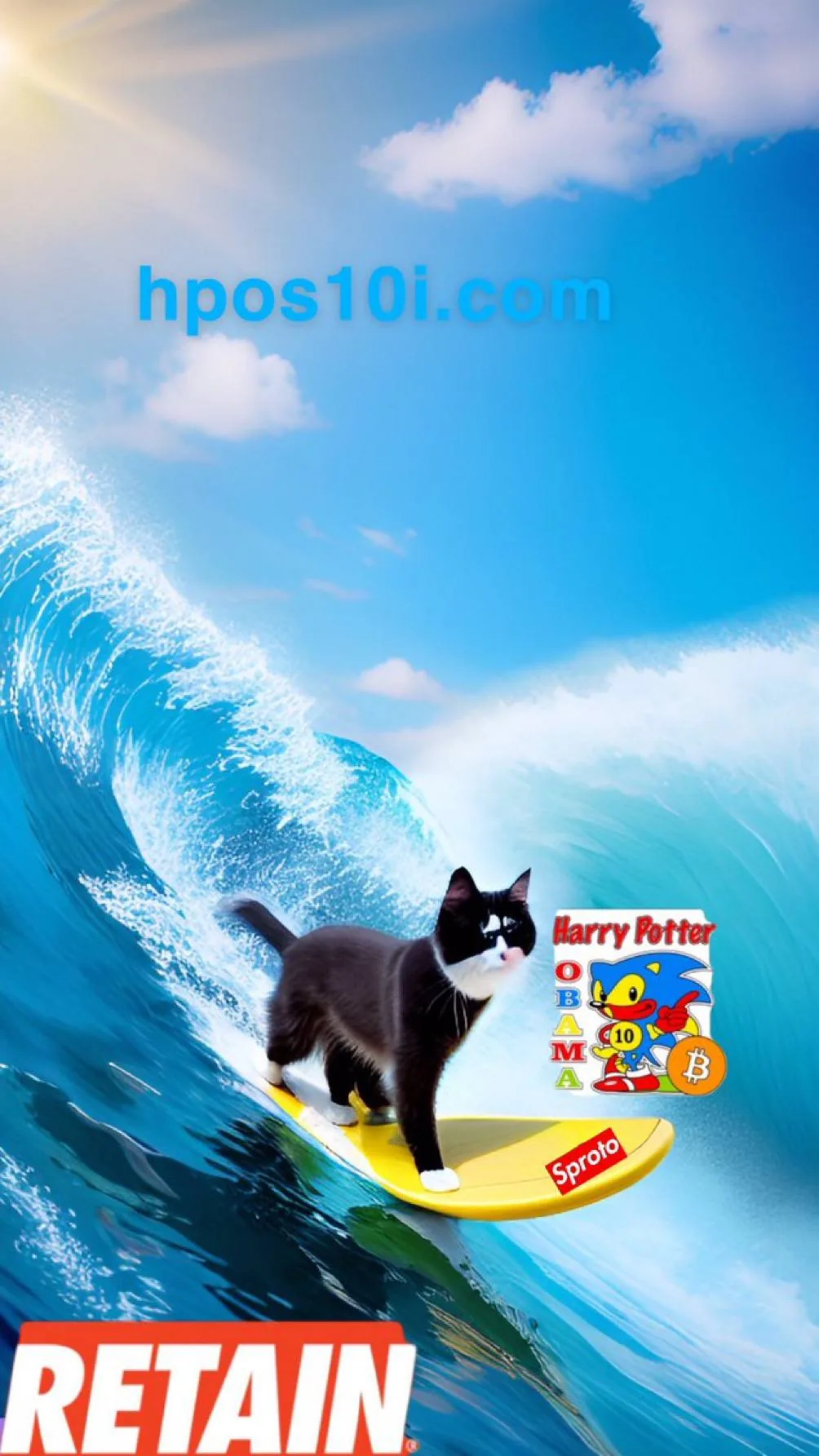 A black and white cat surfing a blue wave alongside an HPOS10I token motif