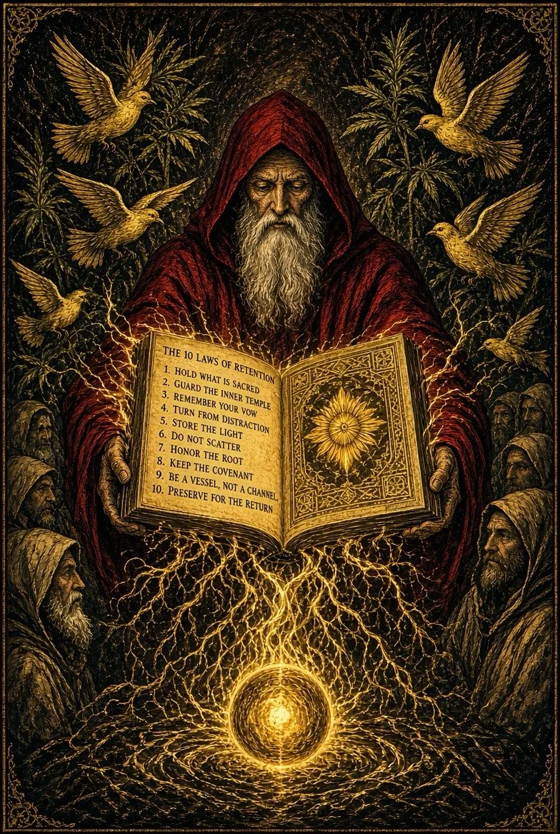 Ancient red-robed wizard holding a glowing manuscript titled the ten laws of retention, with golden birds and roots